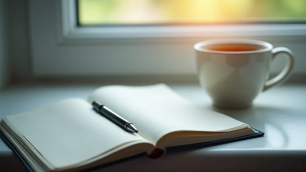 Open notebook with a black pen on a window ledge, beside a white mug of tea as sunlight streams in