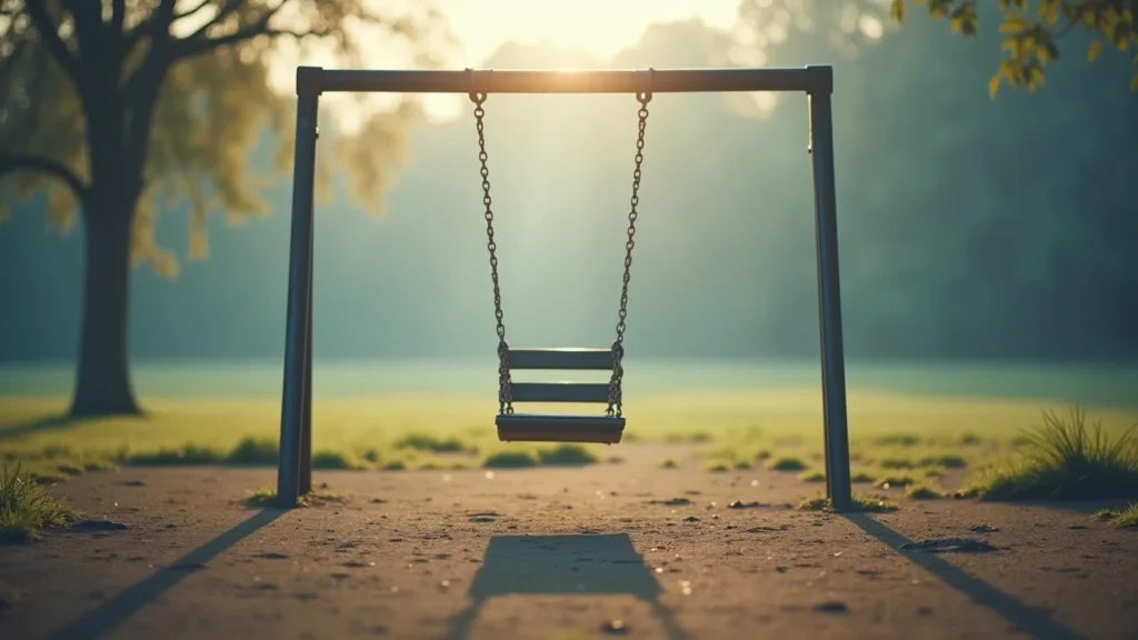 A lone swing hanging from a metal frame in a sunlit park at dusk, casting long shadows on the ground.