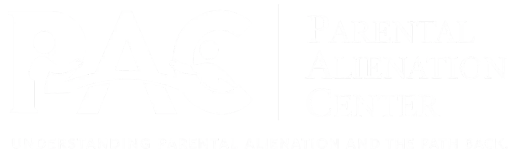 Logo for the PAC Parental Alienation Center with a vertical divider and the bottom tagline: 'Understanding Parental Alienation and the Path Back' on a black background.