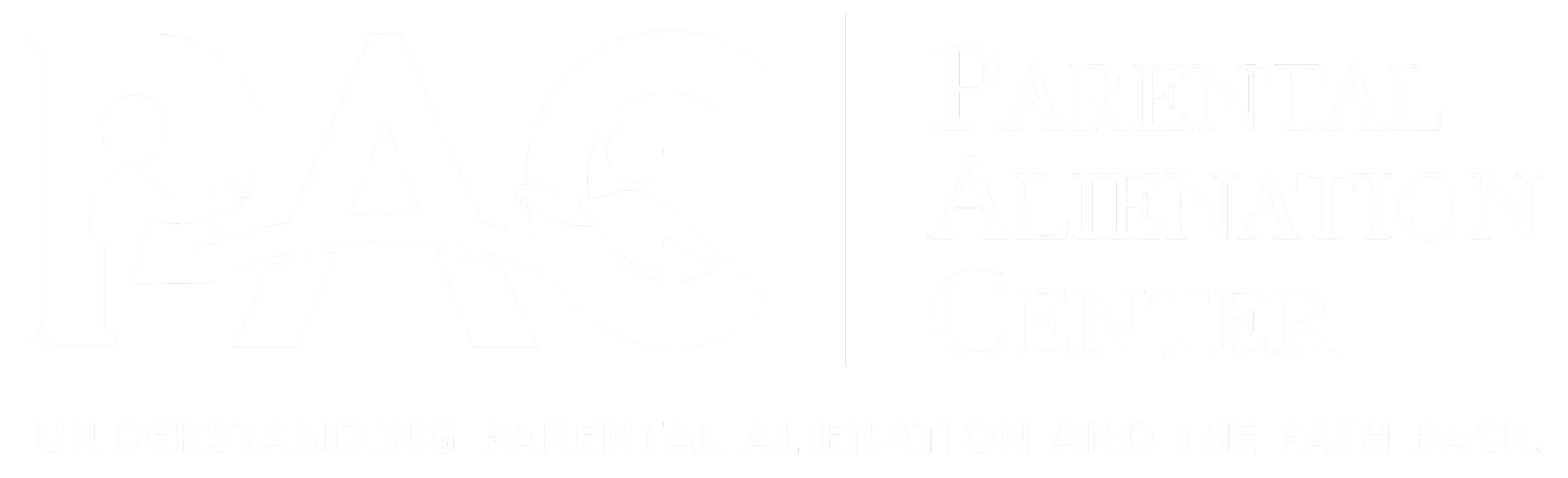 Logo for the PAC Parental Alienation Center with a vertical divider and the bottom tagline: 'Understanding Parental Alienation and the Path Back' on a black background.