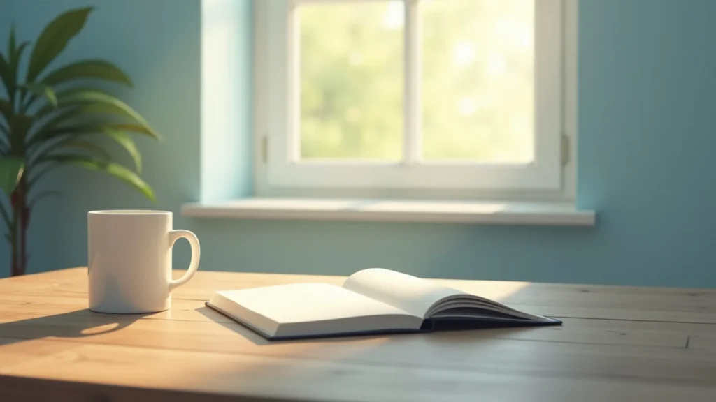 White mug beside an open notebook on a wooden table, with a sunlit window and a plant in the background.