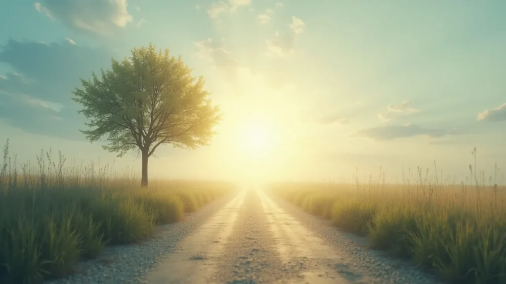 A dirt road through a grassy field toward a bright sunrise with a lone tree on the left.
