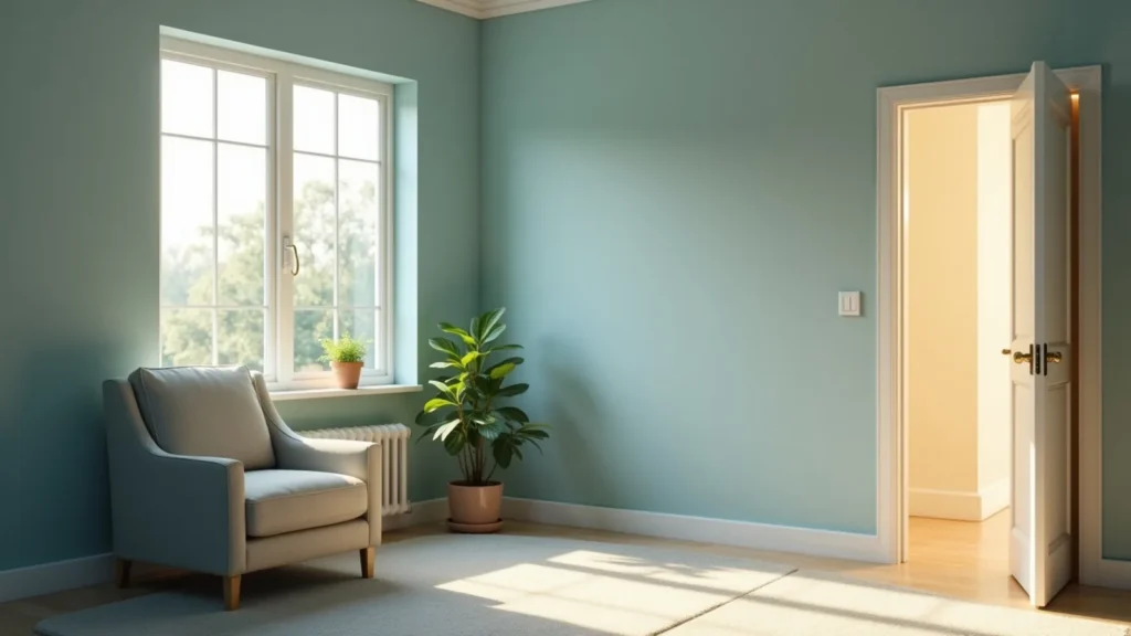 Sunlit blue-walled living room with a beige armchair by a large window and a potted plant nearby.