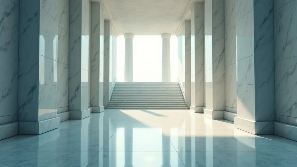Marble hallway with tall columns and a wide staircase leading to bright light at the end