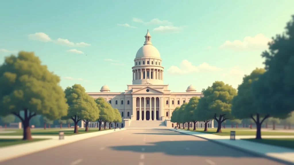 Stylized image of a grand capitol-like building with a large dome, steps, and columns, flanked by trees on a road.