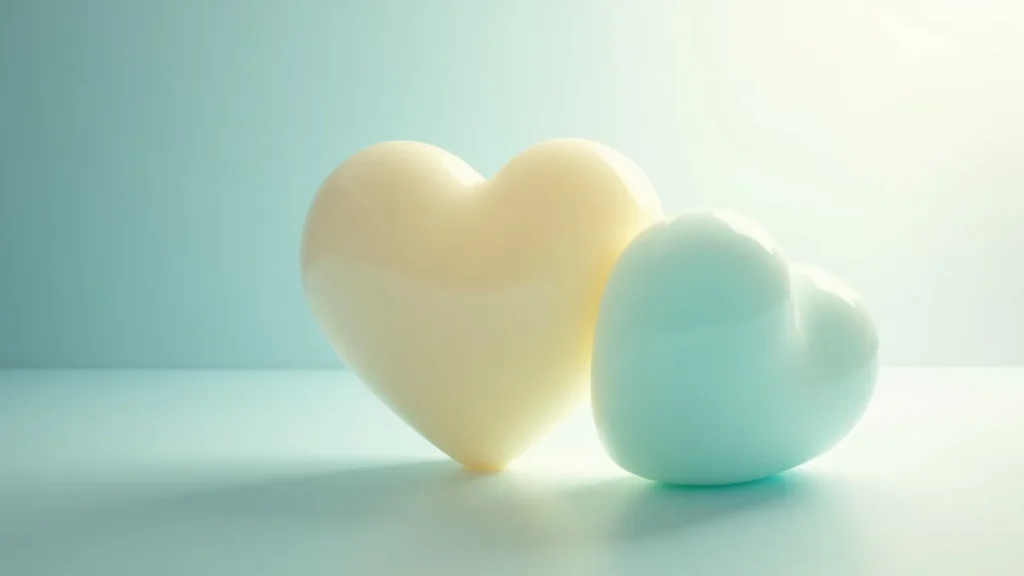 Two pastel-colored heart shapes, yellow and light blue, leaning together on a pale surface with soft backlighting.