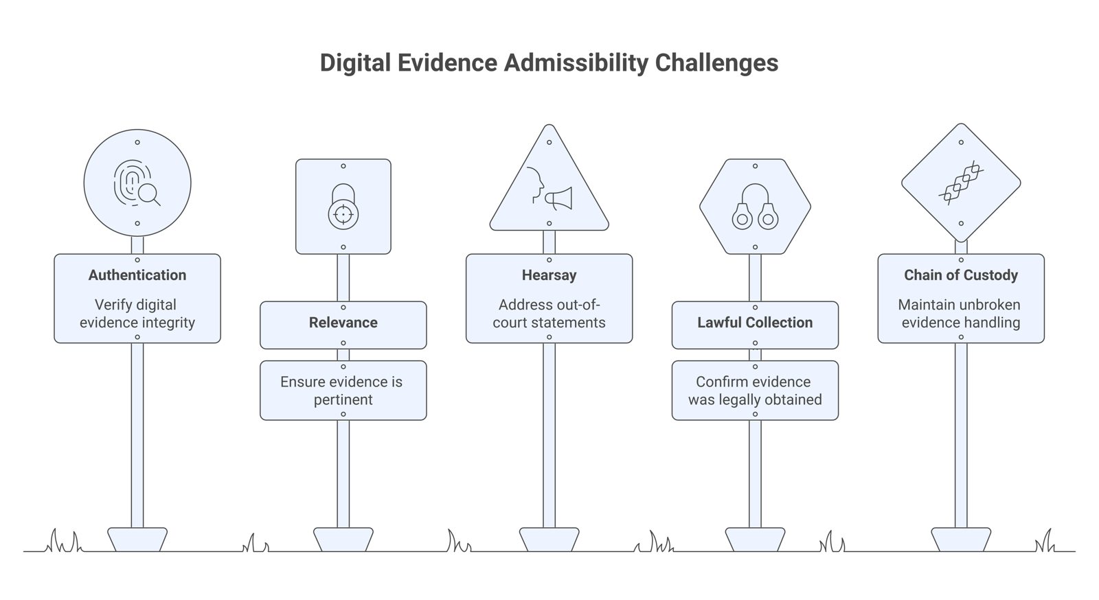 Five-step admissibility flow for digital evidence in custody disputes: authenticate, relevance, hearsay, lawful collection, chain of custody.