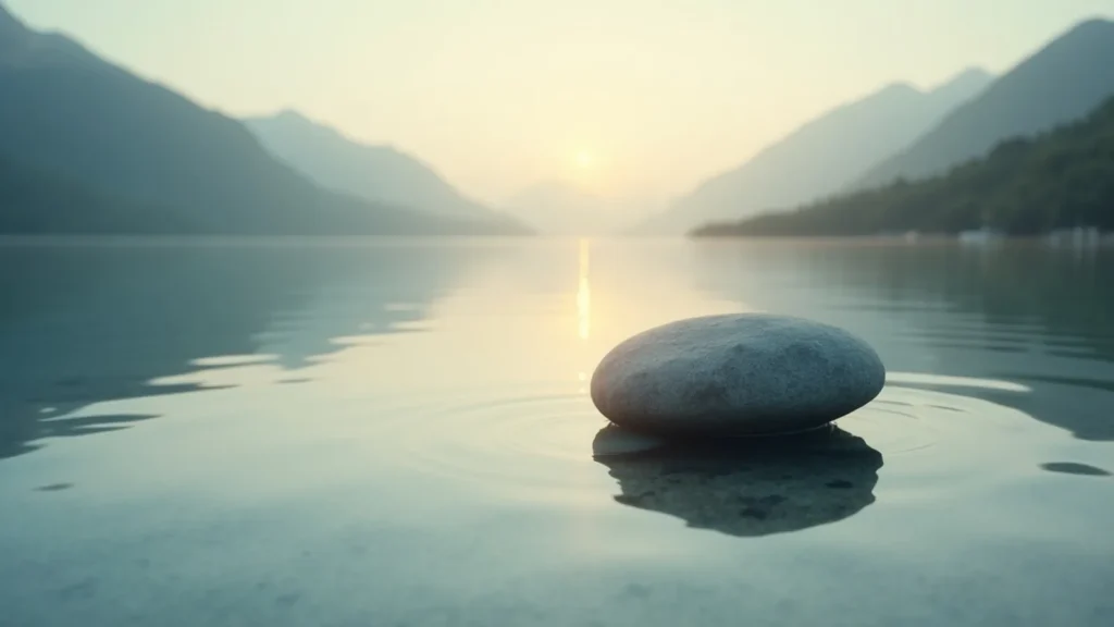 Smooth gray stone resting on calm lake water at sunrise with misty mountains in the background, reflecting in the water.
