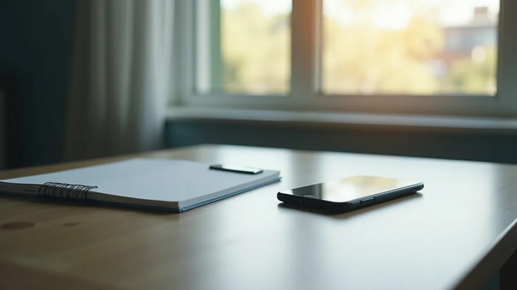 Desk setup with a spiral notebook and a smartphone on a light wooden table by a sunlit window, softly blurred outside view.