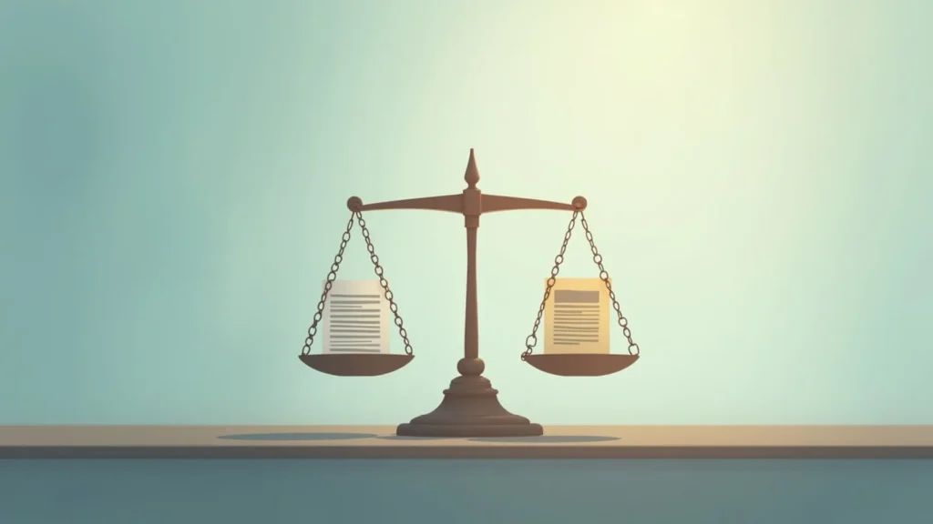 Balanced scales of justice with documents on each side, symbolizing fairness and legal balance.