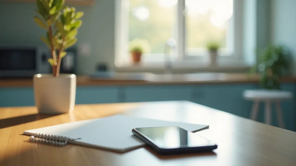 Sunlit workspace with a wooden desk, a potted plant, a notebook, and a smartphone in the foreground by a blurred window