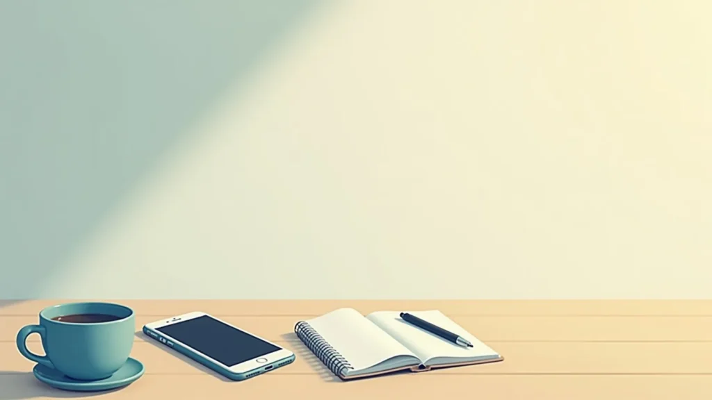 Teal coffee cup on a saucer, a smartphone, an open spiral notebook, and a pen on a light wooden desk with a soft gradient background.