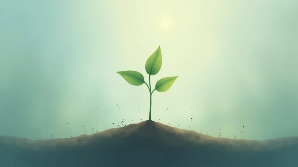 Small green seedling sprouting from soil against a soft green gradient background