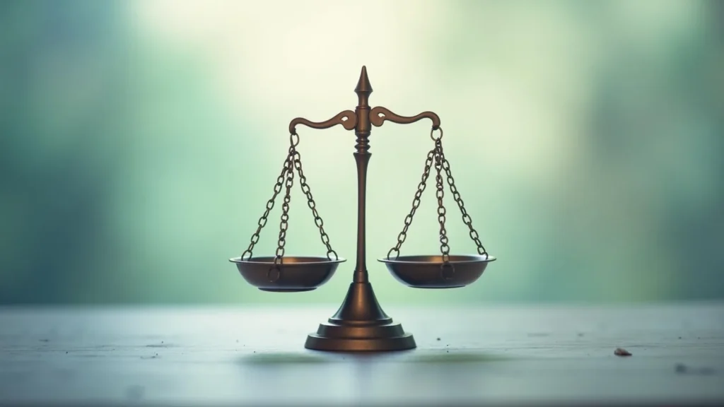 Bronze balance scales centered on a wooden surface with a soft green blurred background, symbolizing justice.