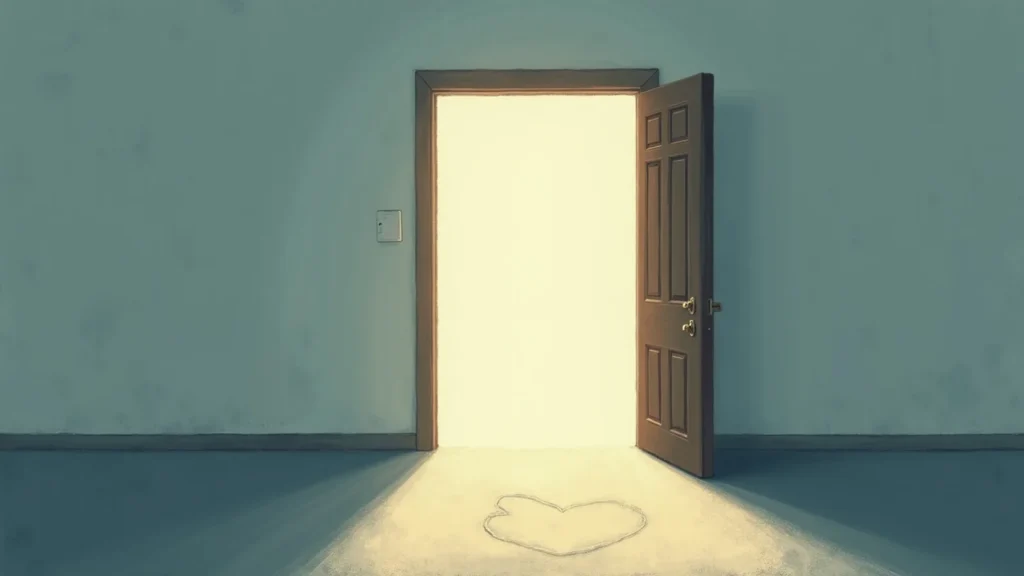 Open wooden door wide to a bright glow, with a heart shape drawn on the floor in front of it.
