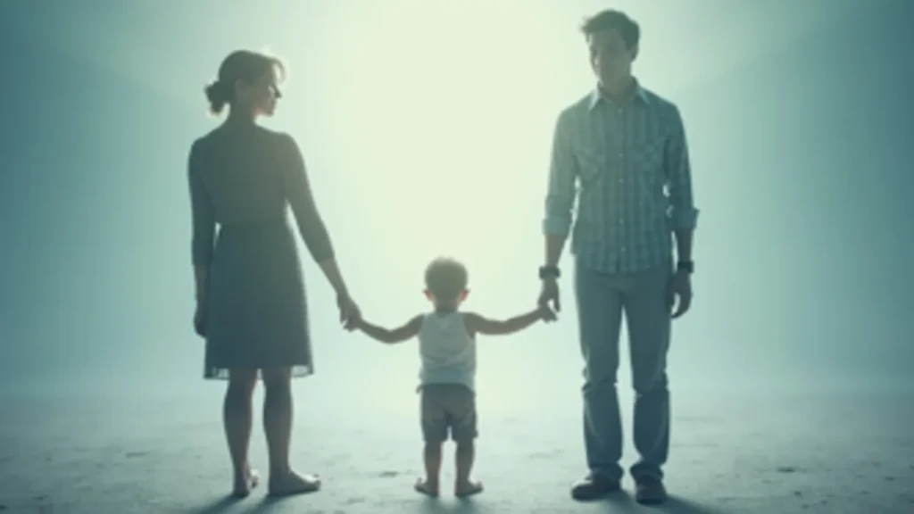 Family of three holding hands on a beach, viewed from behind with bright light behind them. Silhouetted parents stand on either side of their toddler, all holding hands on the beach. A child stands between two adults on a sandy shore, holding hands, backlit by bright light. Family time at the beach: mom and dad flank a young child, all seen from the back. Sunlit beach scene with a man, a woman, and a small child holding hands.