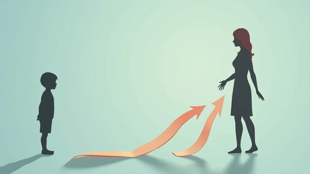 Silhouetted child facing a standing woman as two orange curved arrows rise from the floor toward her, suggesting guidance.