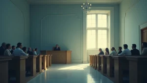 Courtroom scene with judge at a raised bench, opposing benches filled with people, sunlight from a tall window. (informative)