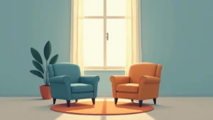 Blue and orange armchairs facing each other on an orange rug by a sunlit window with a potted plant nearby.