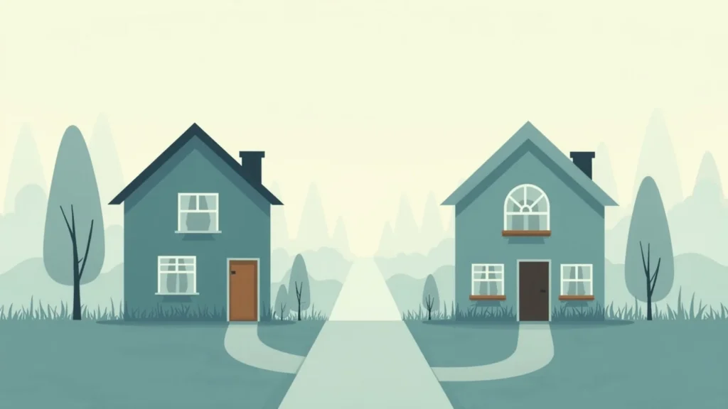 Two blue houses face each other across a straight path in a stylized, serene neighborhood landscape.