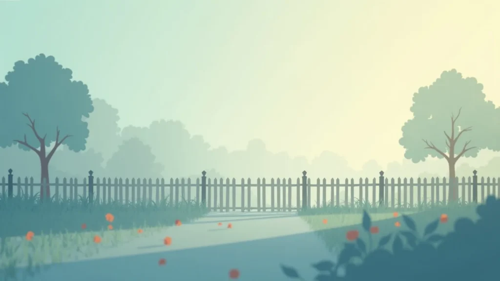 Pastel illustration of a park with a wooden fence, trees, and a path winding through grass and flowers.
