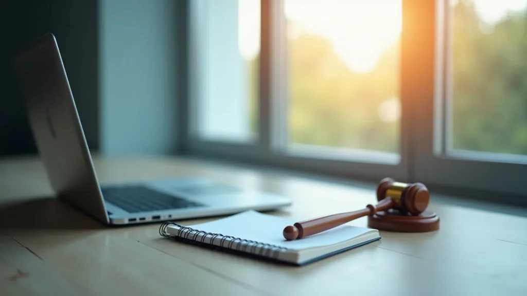 Laptop, spiral notebook, and a wooden gavel on a desk by a sunlit window, suggesting legal work or study.