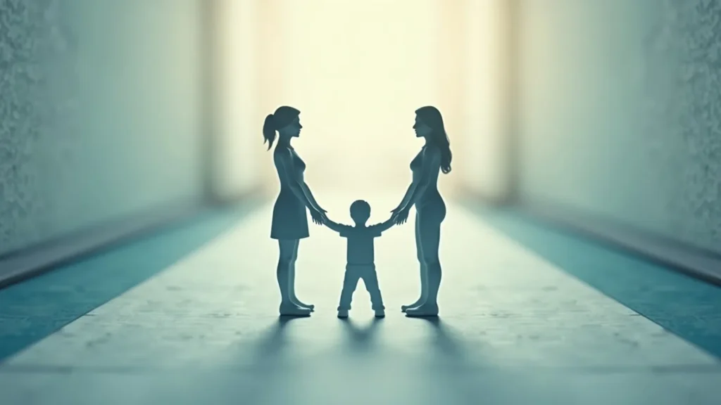 Silhouetted adults on either side holding a child's hands in a bright hallway, symbolizing family support and unity.