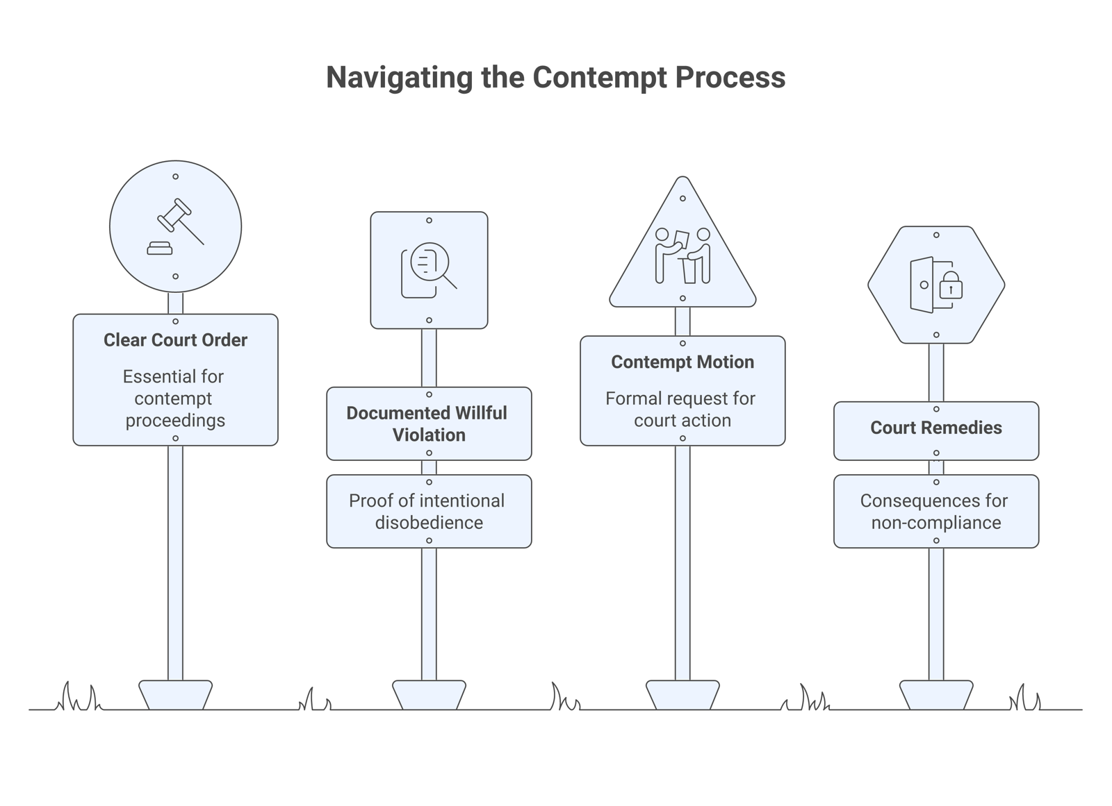 Flowchart showing the contempt process from a clear court order to a documented willful violation to a contempt motion to court remedies.