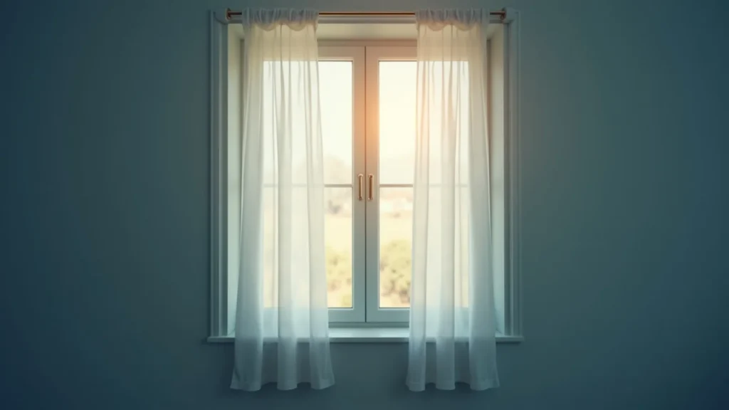 Window with sheer white curtains allowing warm sunlight into a blue-painted room in the background.