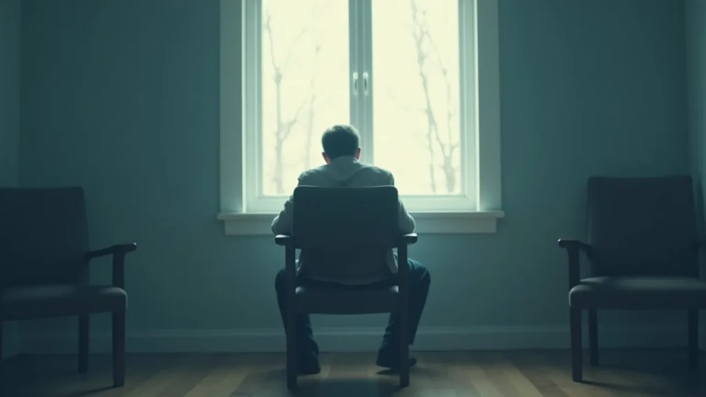 Person sitting alone on a chair facing a bright window in a sparse room with empty chairs on either side.