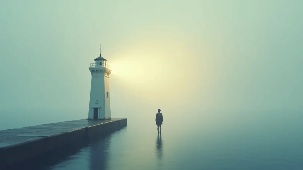 A lone figure stands in calm water near a pier and lighthouse at sunrise, with a soft, misty glow in the sky.