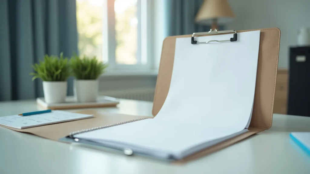 A tidy desk with a clipboard and blank paper, pencil, two small potted plants, and a bright window in the background.
