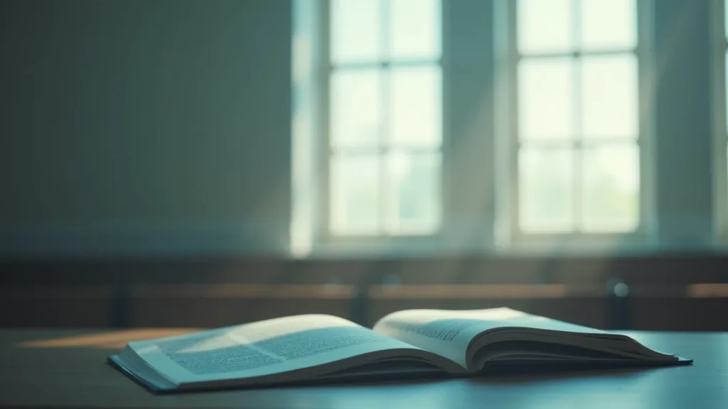 Open book lying flat on a desk bathed in soft natural light from tall windows in the background.