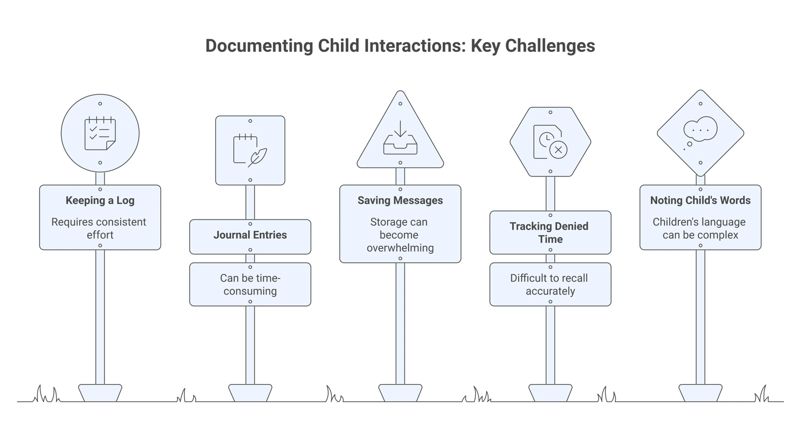A five-step documentation method: keep a log, journal entries, save messages, track denied time, and note the child's words.