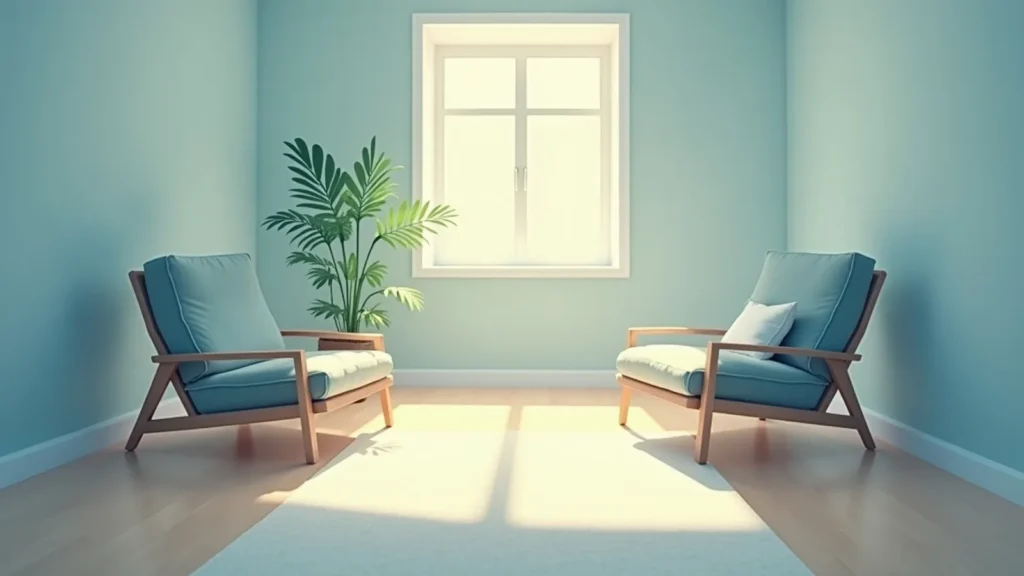 Sunlit reading nook with two teal armchairs facing each other and a potted plant by the window.