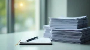 Notebook and pen on a desk with tall stacks of papers in the background by a window. Short, busy office scene conveying paperwork load.