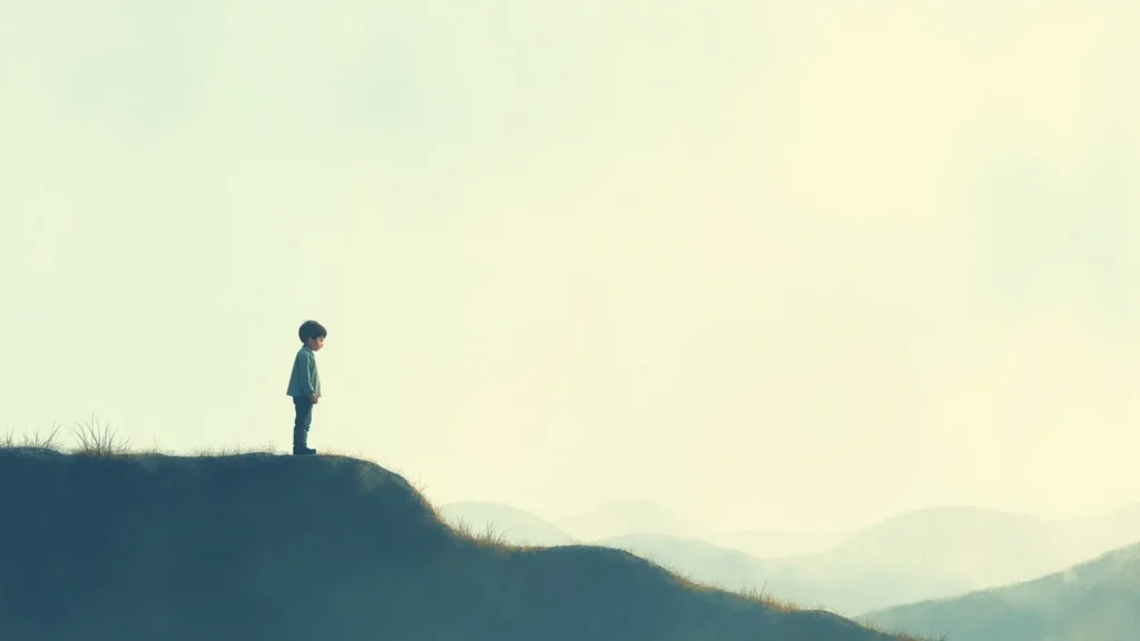 A young child stands alone on a grassy hill, gazing toward distant hazy mountains in a tranquil landscape.