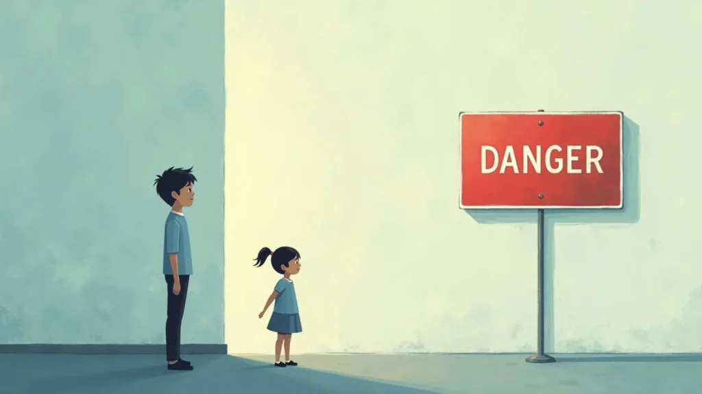 Two children, a tall boy and a small girl, stand facing a large red 'DANGER' sign on a post, signaling a warning ahead.