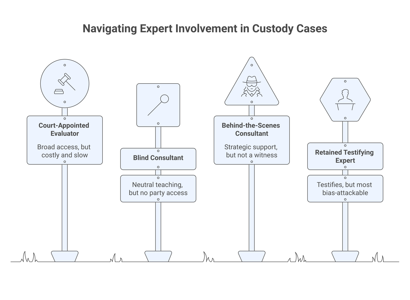 Comparison of four ways an expert enters a custody case: court-appointed evaluator, blind consultant, behind-the-scenes consultant, and retained testifying expert, with each one's access and limits.