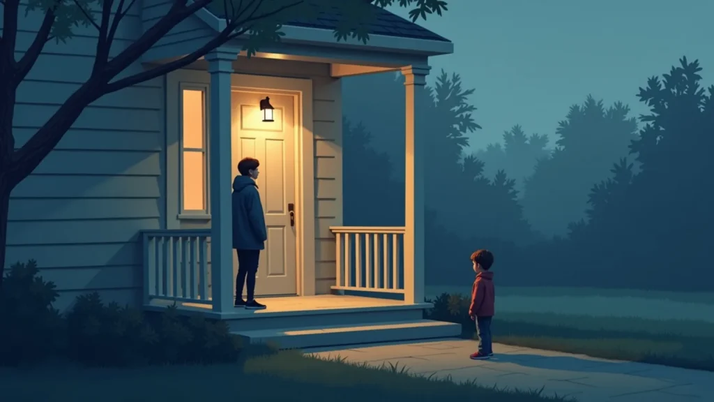 Two children stand on a house porch at dusk: an older boy in a blue jacket by the door, while a younger child in a red hoodie stands on the path facing him.