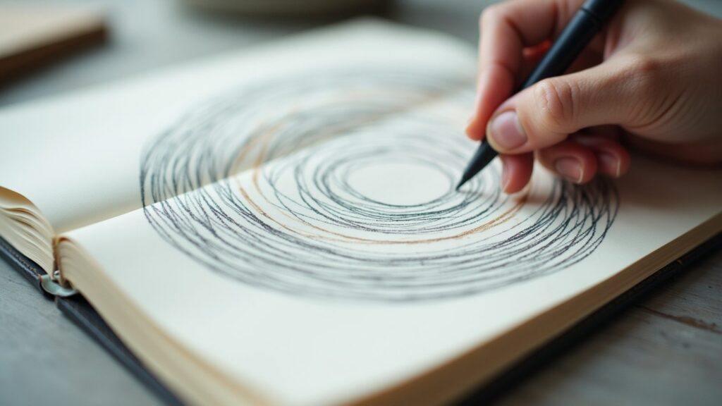Close-up of a hand drawing concentric circles in an open sketchbook with a black pen.