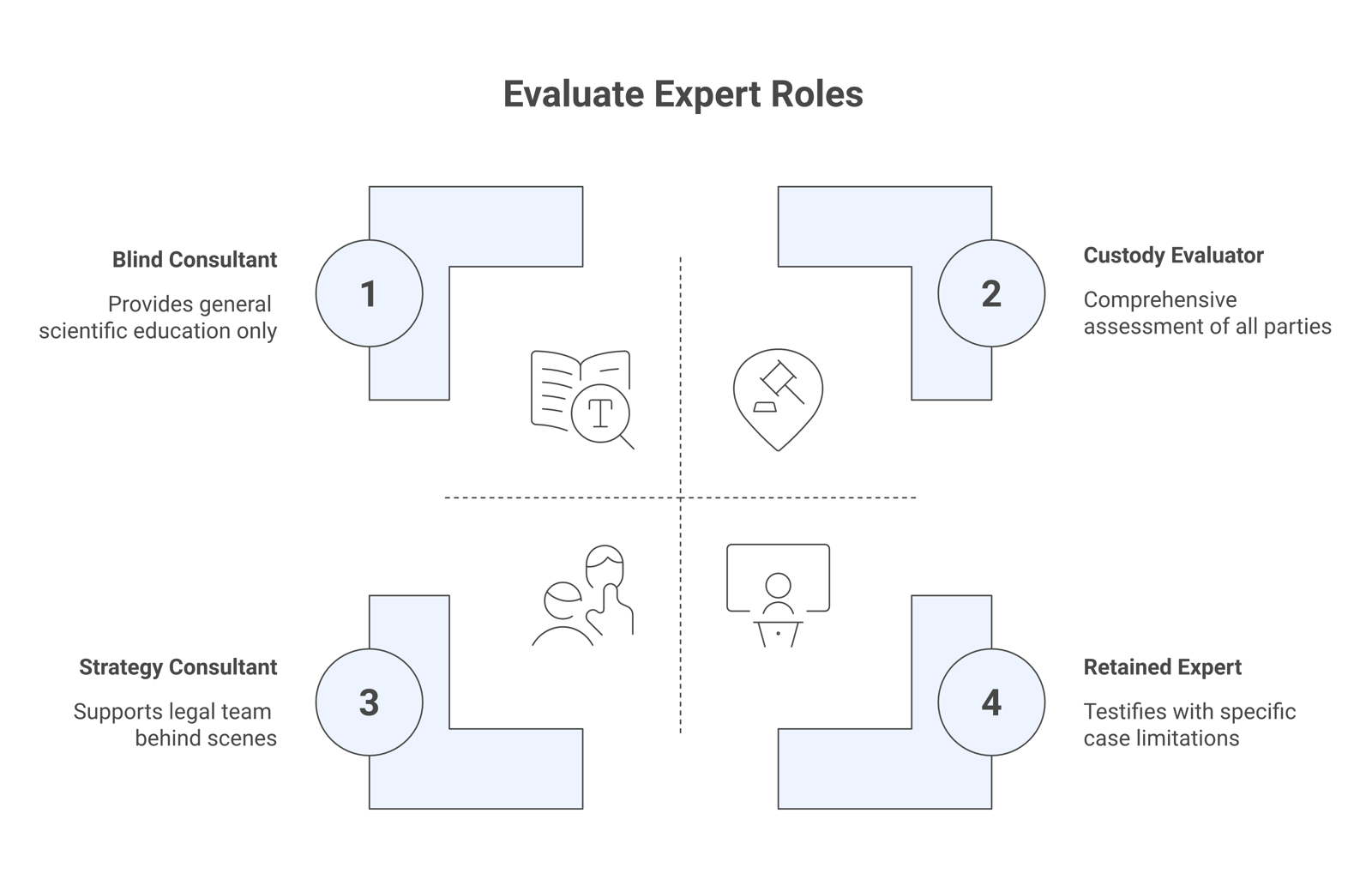 Comparison of four parental alienation expert roles showing each role's access to the parties and its limits.