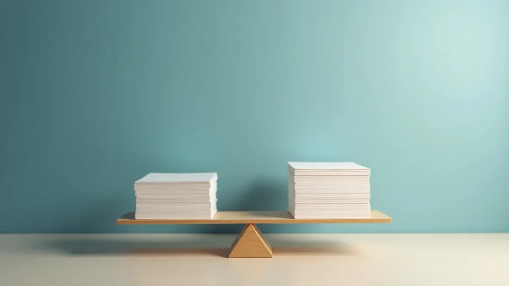 Wooden balancing scale with two equal stacks of white paper against a teal wall, symbolizing balance of workload or comparison.