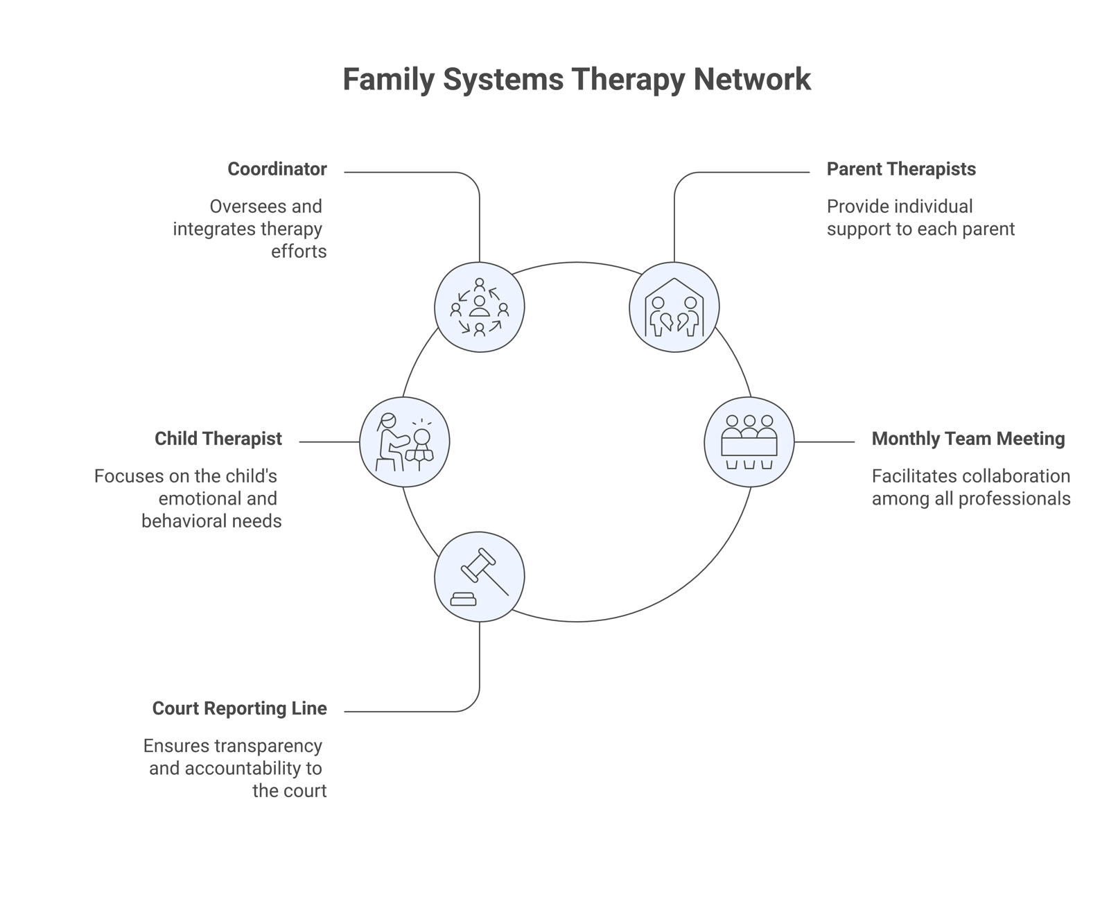 A family-systems map showing the coordinator, separate therapists for each parent and the child, the monthly team meeting, and the single reporting line to the court.
