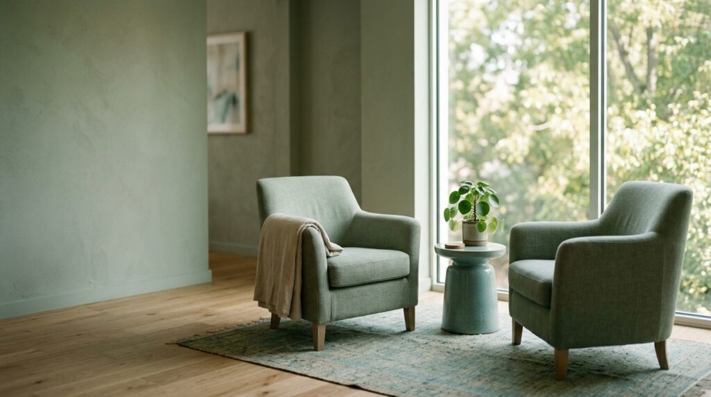 Two armchairs facing each other in a calm therapy office, representing family systems therapy