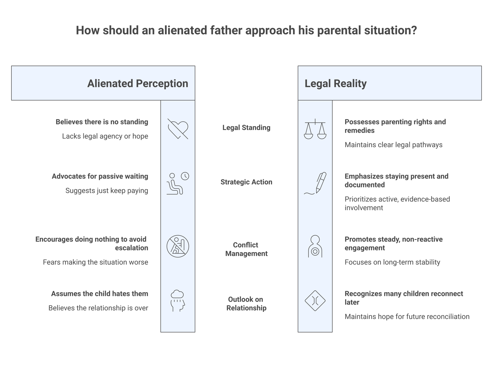 A two-column comparison pairing four myths alienated fathers hear with the corresponding reality for each.