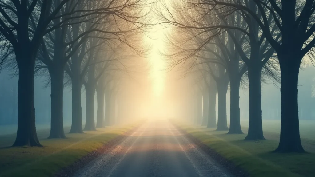 A tree-lined road fading into a bright hazy light, with bare branches arching overhead and soft morning glow.