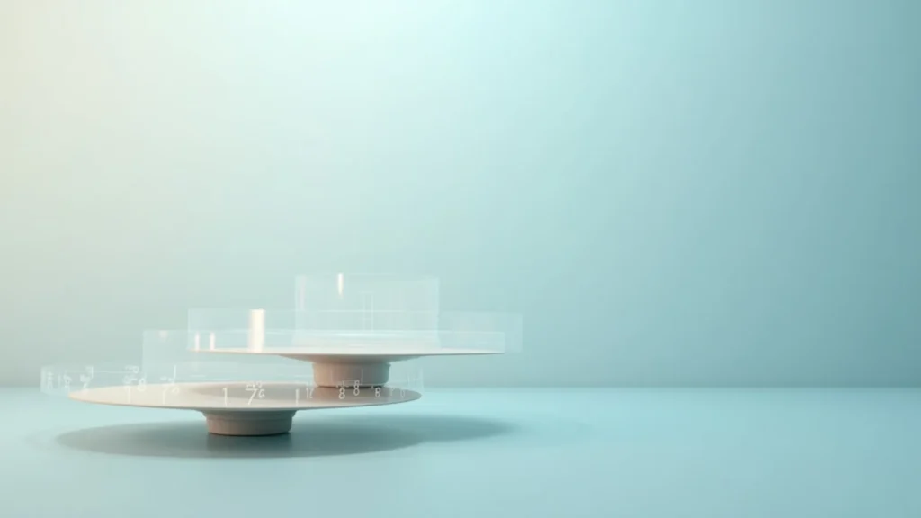 Layered transparent dials with numerical markings stacked on a small pedestal against a pale blue gradient background, creating an abstract, minimalist scene.