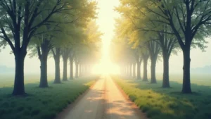 Tree-lined dirt road stretching into a bright sunrise framed by tall green trees on both sides
