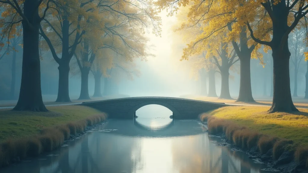 Stone arch bridge over a calm canal in a park, with rows of autumn trees and warm morning light.